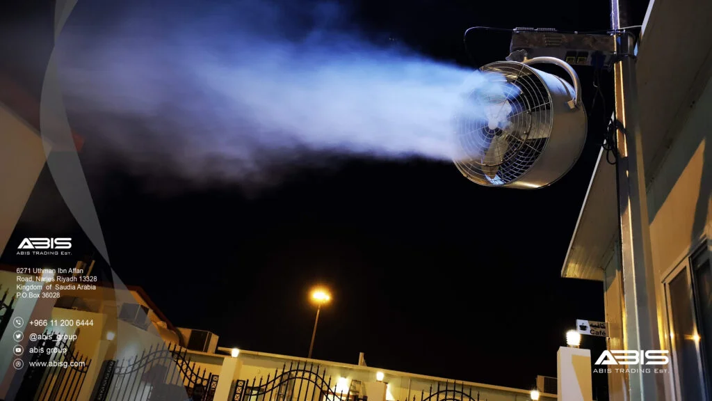 مروحة ضباب لرش رذاذ الماء لتبريد الأماكن المفتوحة و الحدائق تركيب شركة أبيس